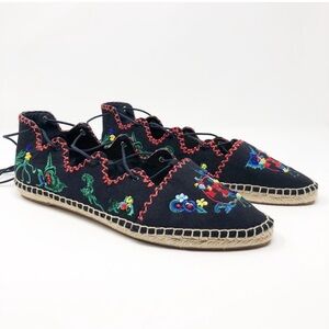Tory Burch Sonoma navy embroidered ghillie canvas lace up flats